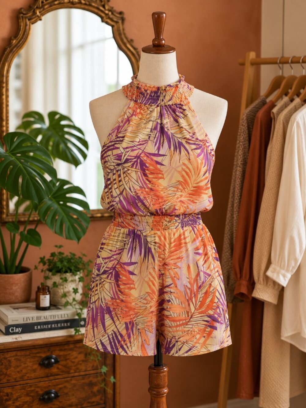 New York & Company Multicolor Tropical Jumpsuit